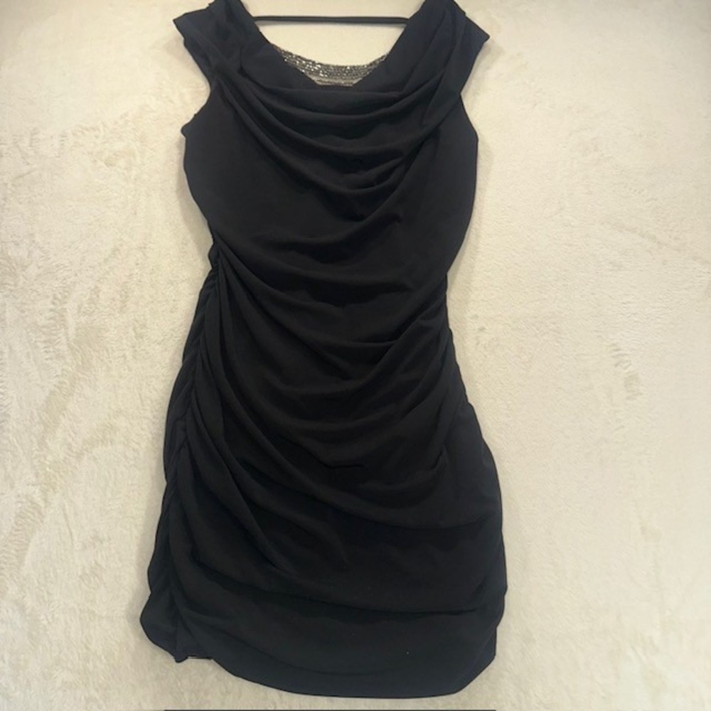 BCX Dress Womens Black Ruched Bodycon Mini Dress Beaded Cowl Neck Size L 110751C